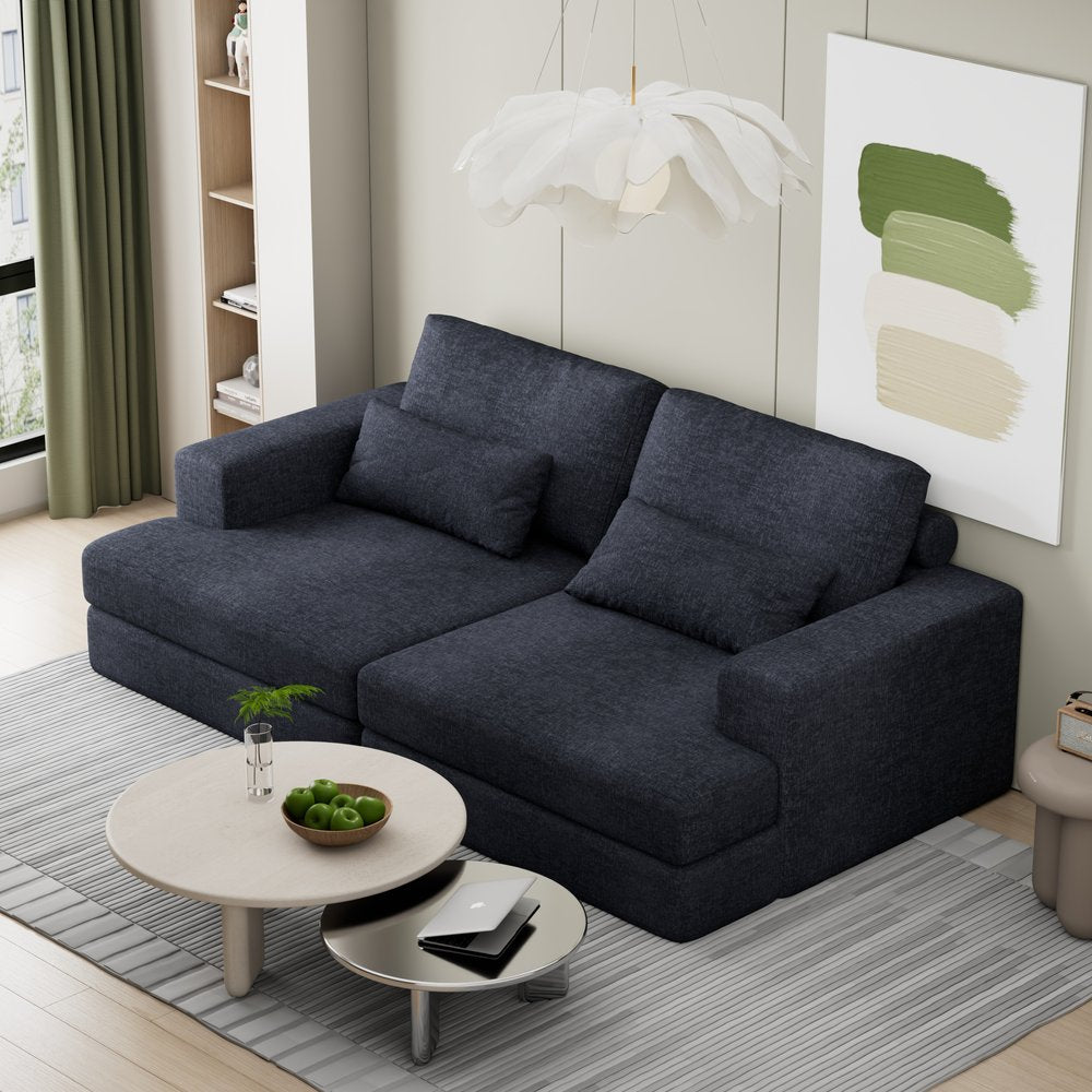 93" Blue Chenille Modular Stainless Steel Sleeper Sofa With Toss Pillows HomeRoots