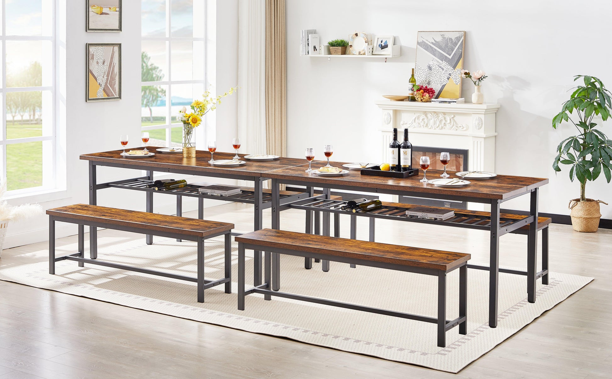 Oversized dining table set for 6 3-Piece Kitchen Table with 2 Benches Dining Room Table Set Rustic Brown - FurniFindUSA