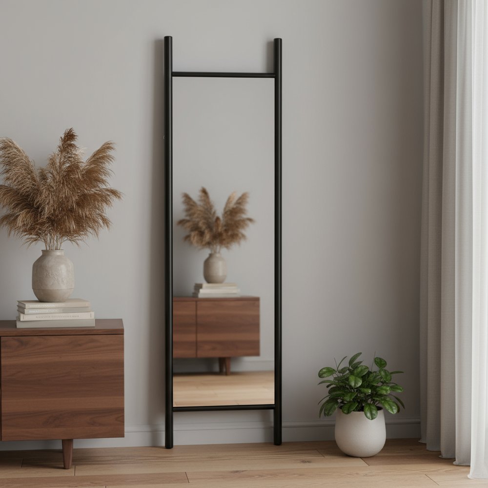 64" Black Wood Leaning Ladder Framed Full Length Mirror HomeRoots