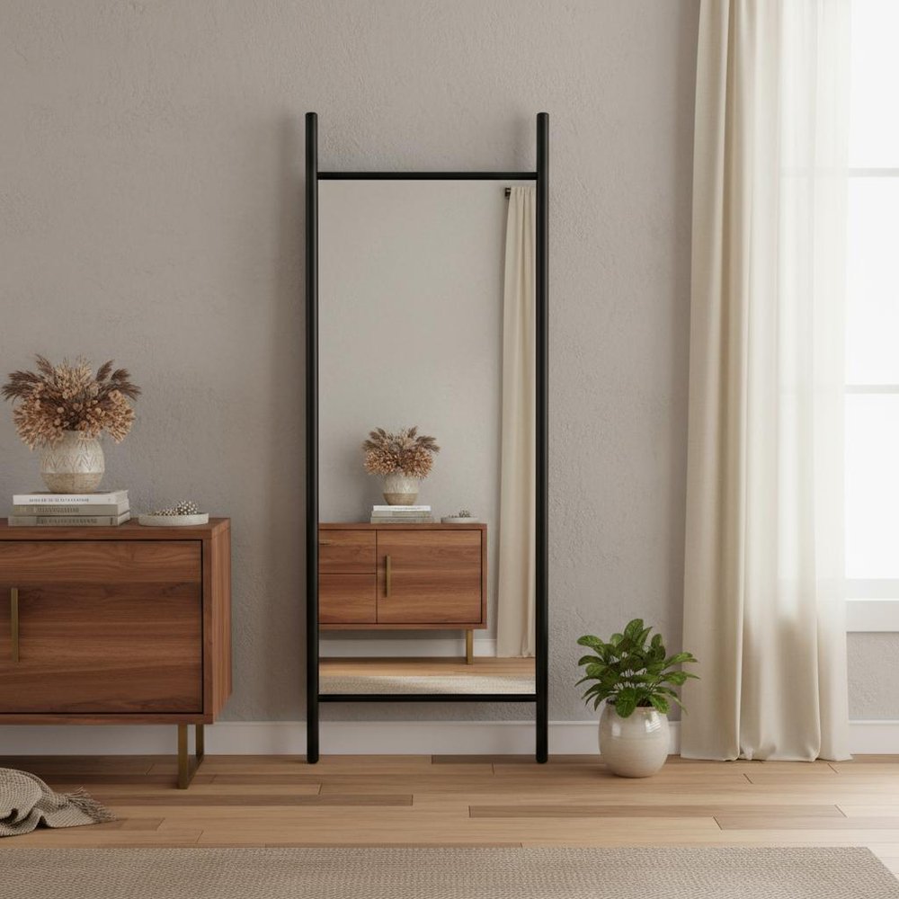 63" Black Wood Leaning Ladder Framed Full Length Mirror HomeRoots