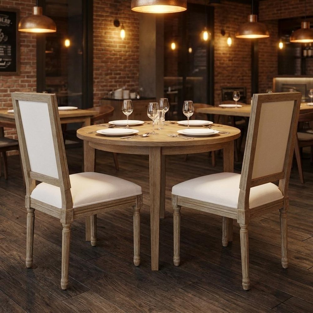 Set of Two Beige And Natural Linen And Solid Wood Dining Side Chairs HomeRoots