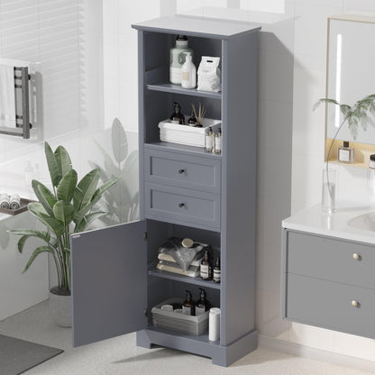 Bathroom Storage Cabinet, Tall Storage Cabinet with Two Drawers, Open Storage, Adjustable Shelf, Grey - FurniFindUSA