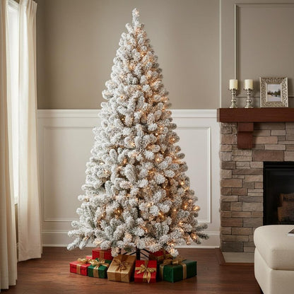 8' Pre Lit Full Flocked Spruce Christmas Tree