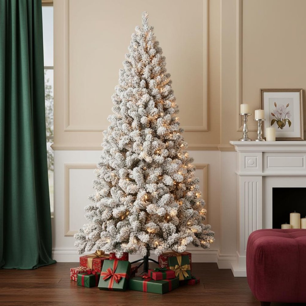 8' Pre Lit Full Flocked Spruce Christmas Tree HomeRoots