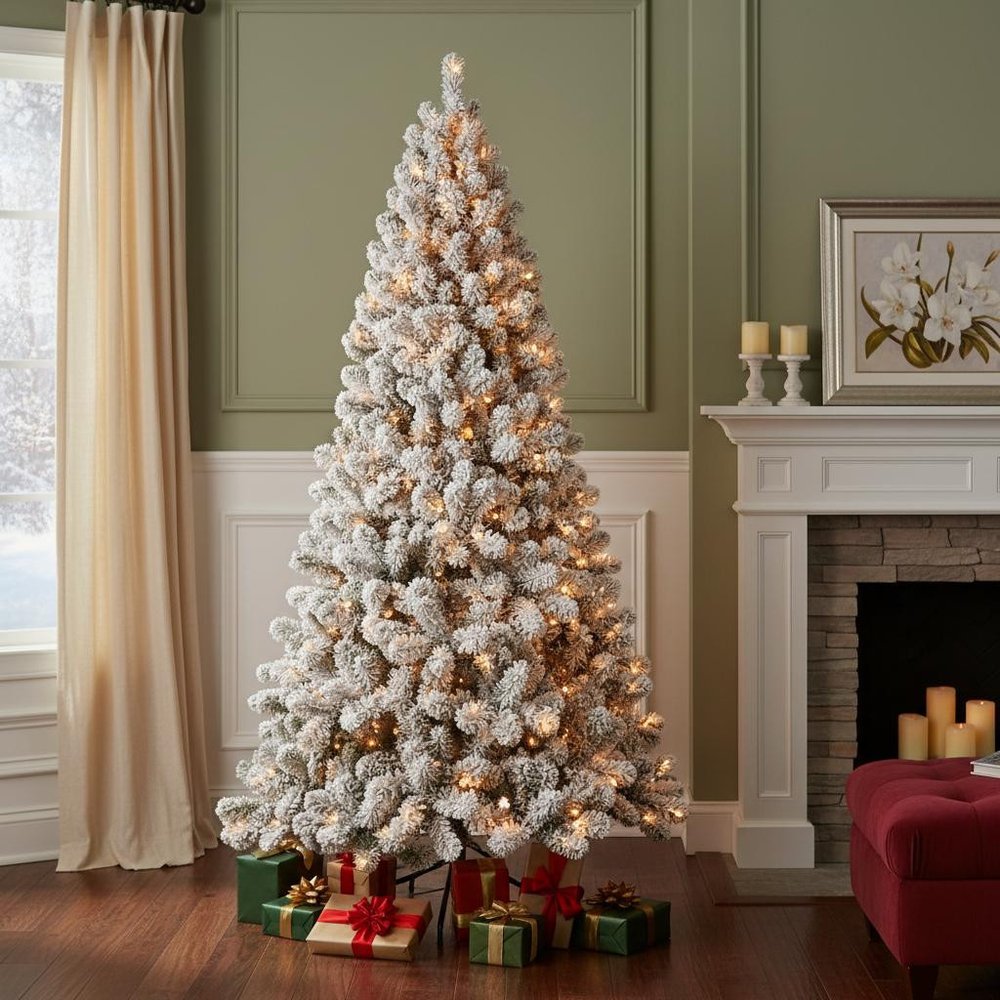 8' Pre Lit Full Flocked Spruce Christmas Tree HomeRoots