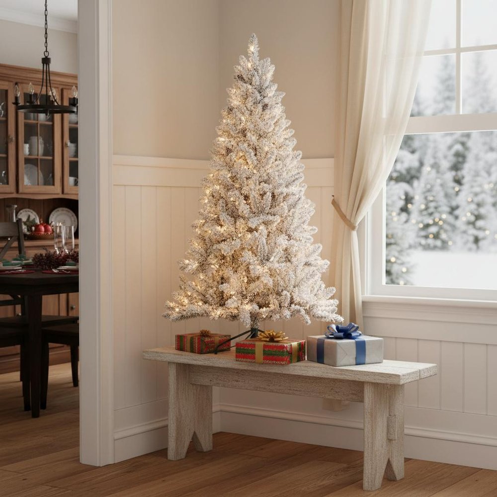 9' Pre Lit Full Flocked Spruce Christmas Tree HomeRoots