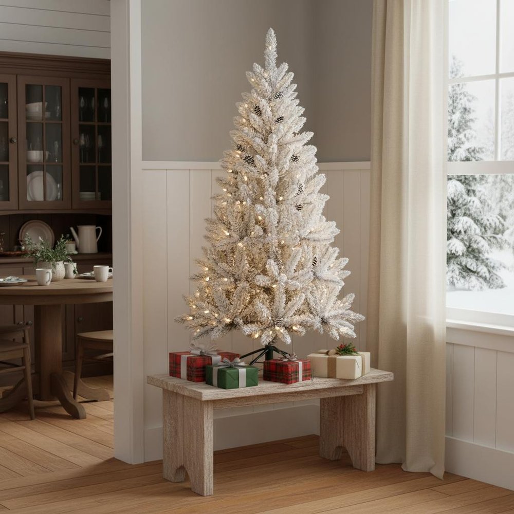 9' Pre Lit Full Flocked Spruce Christmas Tree HomeRoots