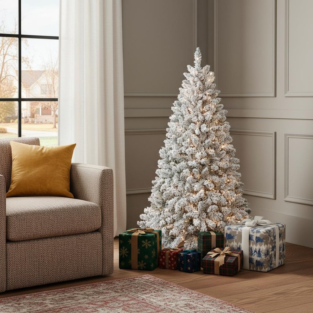 9' Pre Lit Full Flocked Spruce Christmas Tree HomeRoots