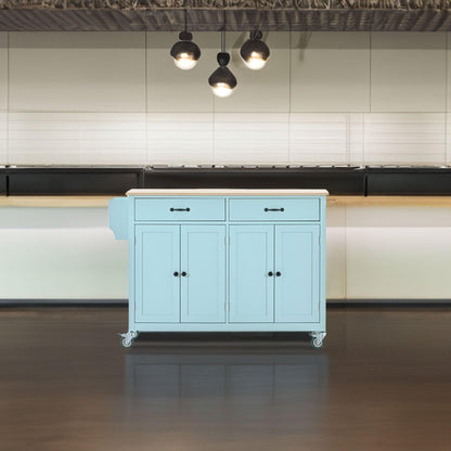 Kitchen Island Cart with 4 Door Cabinet and Two Drawers and 2 Locking Wheels - Solid Wood Top (Mint Green) - FurniFindUSA