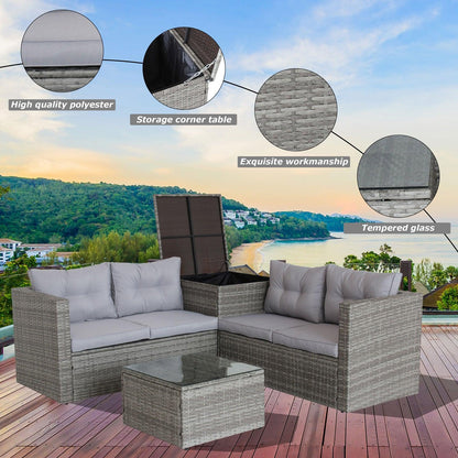 4 Piece Patio Sectional Wicker Rattan Outdoor Furniture Sofa Set with Storage Box Grey - FurniFindUSA