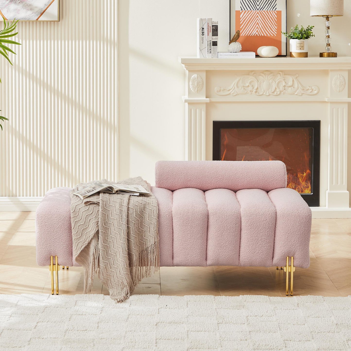 Modern End of Bed Bench Upholstered Teddy Entryway Ottoman Bench Fuzzy Sofa Stool Footrest Window Bench with Gold Metal Legs for Bedroom Apartments - FurniFindUSA