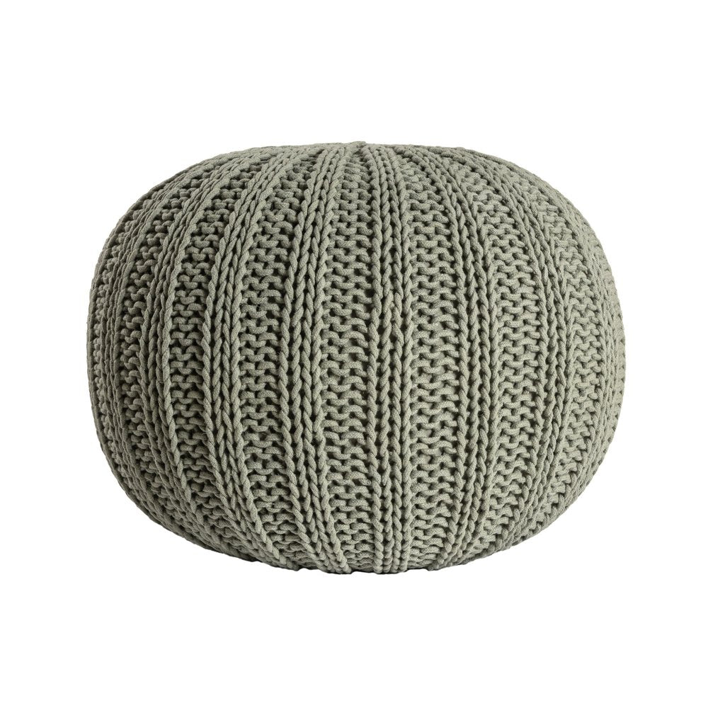 20" Green Cotton Cable Knit Round Pouf Ottoman HomeRoots