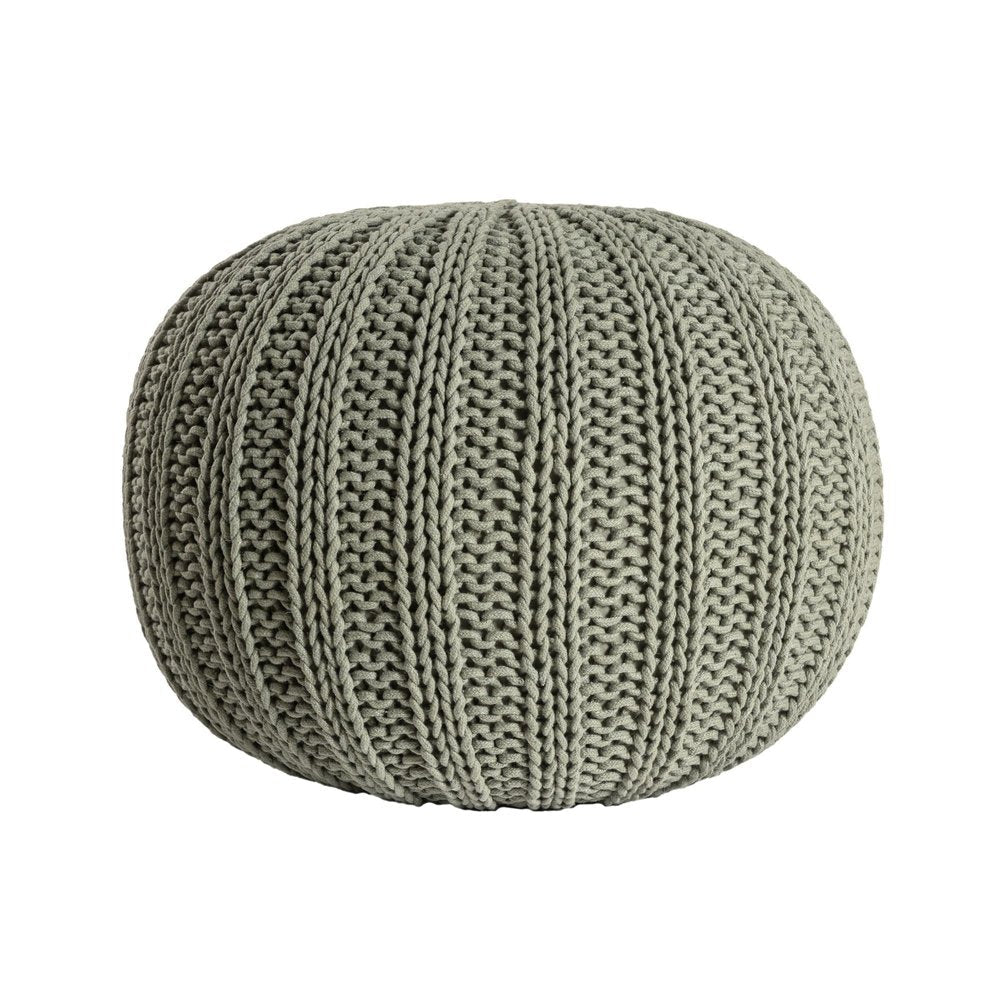 20" Green Cotton Cable Knit Round Pouf Ottoman HomeRoots
