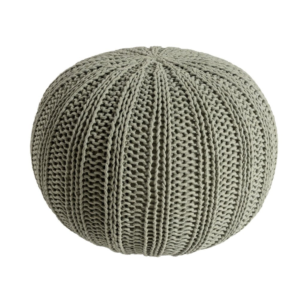 20" Green Cotton Cable Knit Round Pouf Ottoman HomeRoots