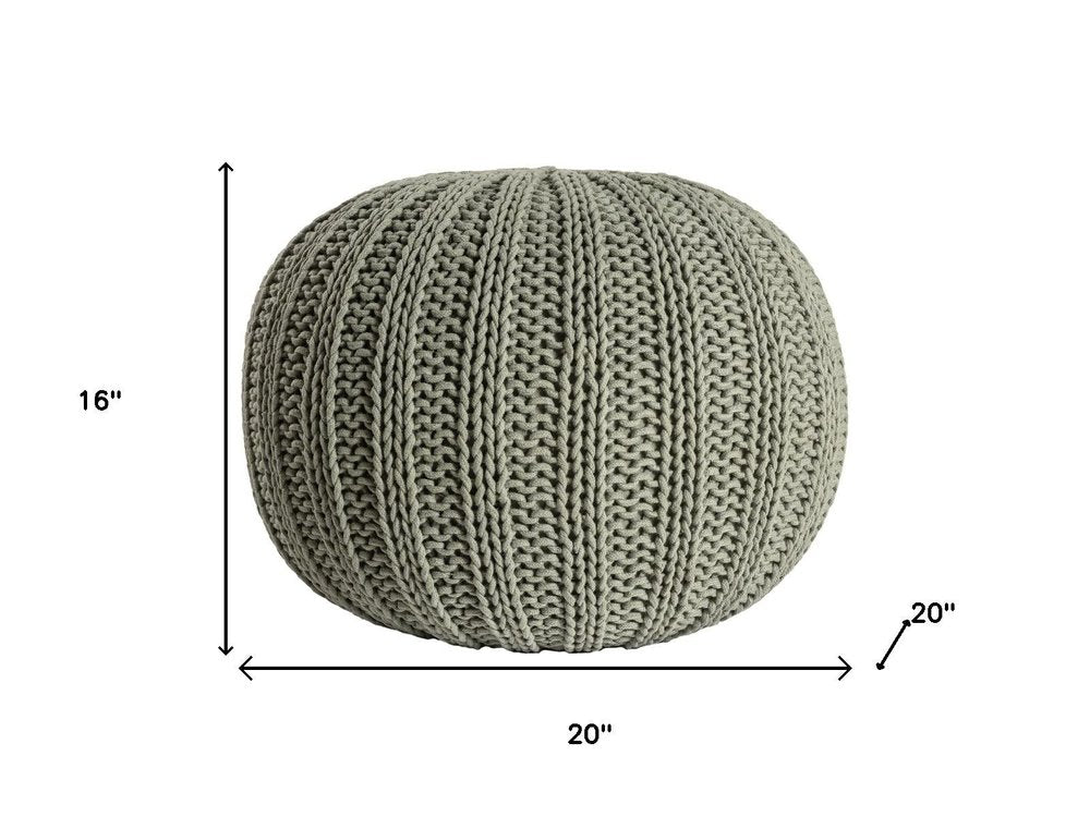 20" Green Cotton Cable Knit Round Pouf Ottoman HomeRoots