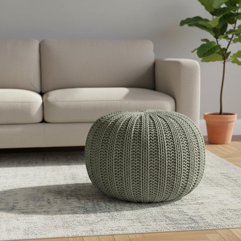 20" Green Cotton Cable Knit Round Pouf Ottoman HomeRoots