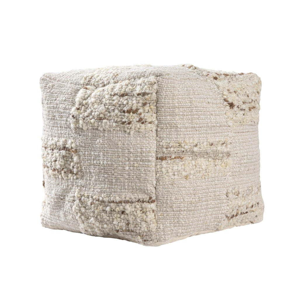 18" Off White And Natural Cotton Jute And Wool Checkered Cube Pouf Ottoman HomeRoots