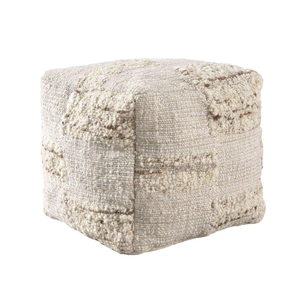 18" Off White And Natural Cotton Jute And Wool Checkered Cube Pouf Ottoman HomeRoots