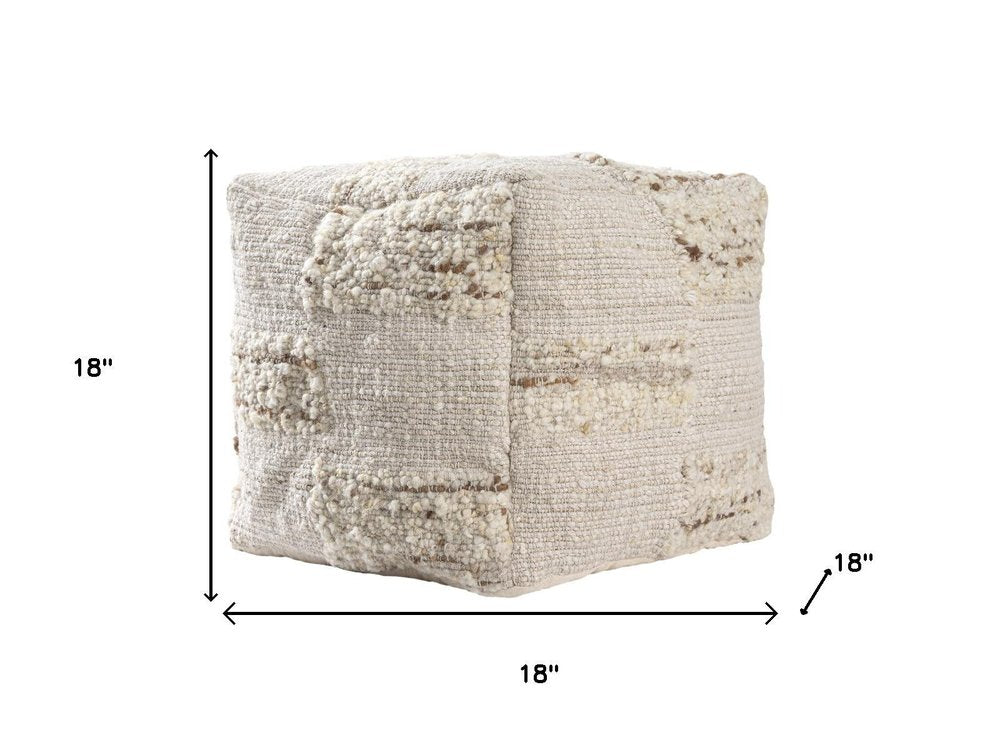 18" Off White And Natural Cotton Jute And Wool Checkered Cube Pouf Ottoman HomeRoots
