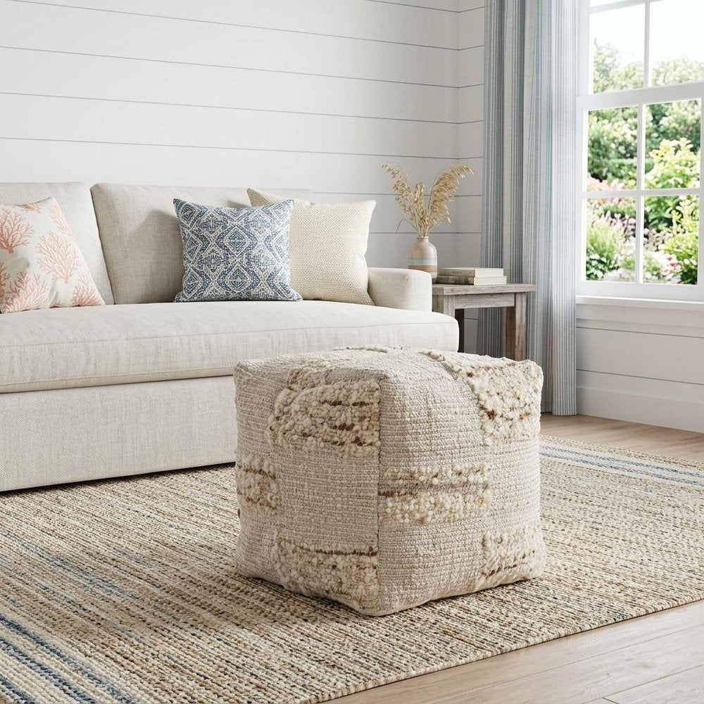 18" Off White And Natural Cotton Jute And Wool Checkered Cube Pouf Ottoman HomeRoots