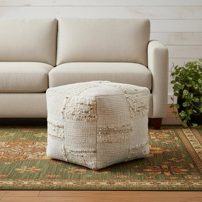 18" Off White And Natural Cotton Jute And Wool Checkered Cube Pouf Ottoman HomeRoots