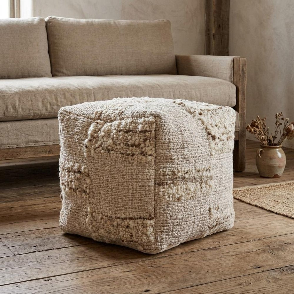 18" Off White And Natural Cotton Jute And Wool Checkered Cube Pouf Ottoman HomeRoots