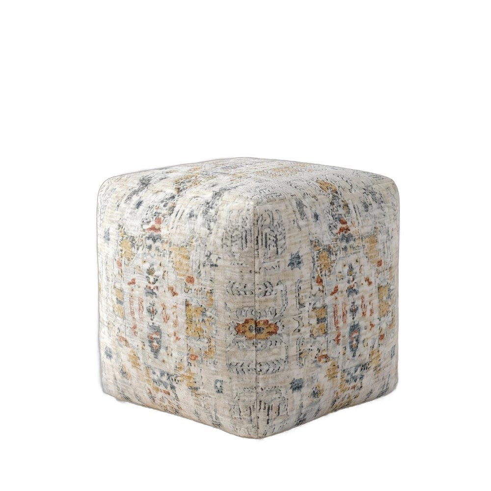 18" Ivory and Light Gray Upholstered Medallion Pouf Ottoman HomeRoots