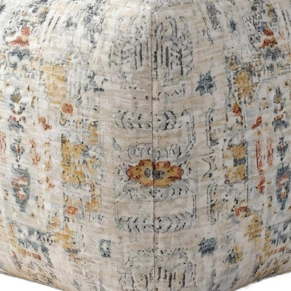 18" Ivory and Light Gray Upholstered Medallion Pouf Ottoman HomeRoots