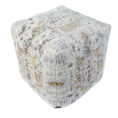 18" Ivory and Light Gray Upholstered Medallion Pouf Ottoman HomeRoots