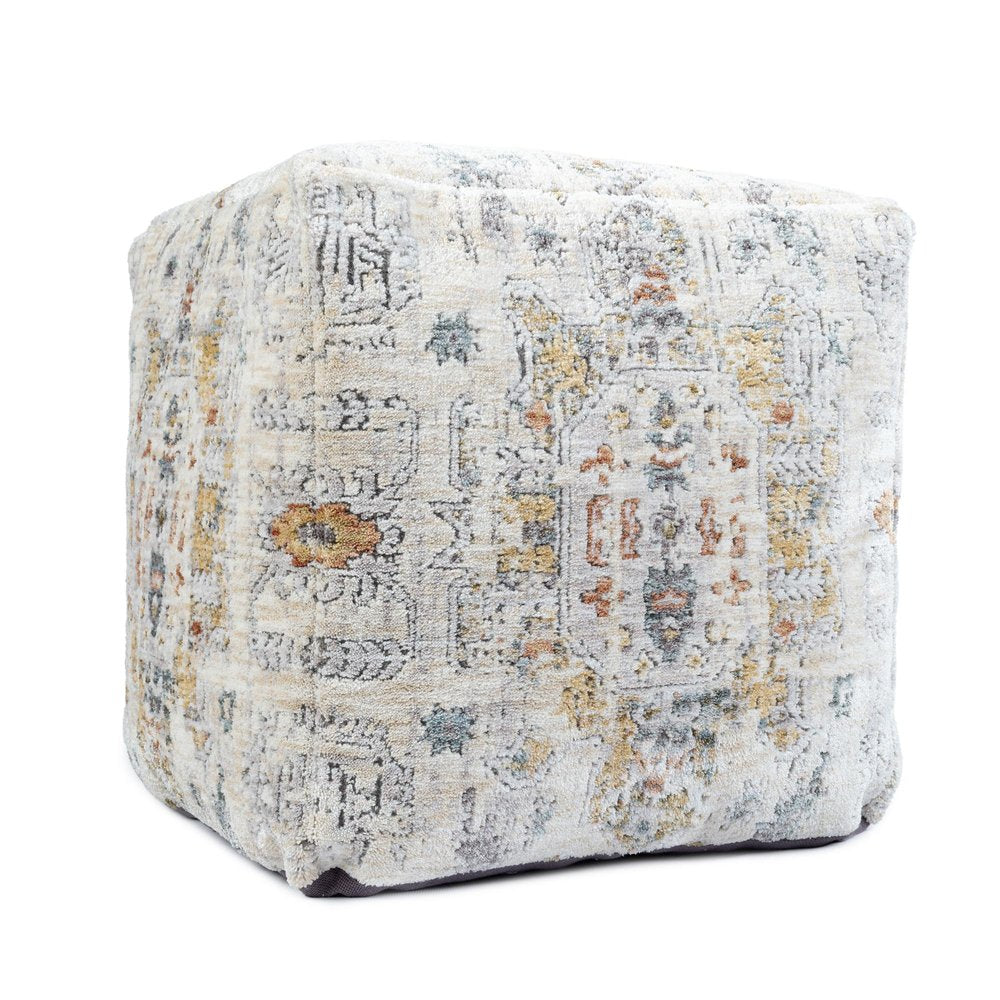 18" Ivory and Light Gray Upholstered Medallion Pouf Ottoman HomeRoots