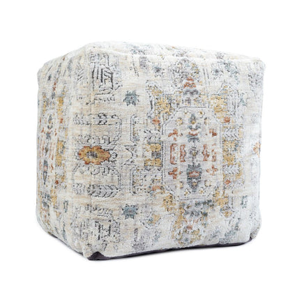 18" Ivory and Light Gray Upholstered Medallion Pouf Ottoman HomeRoots