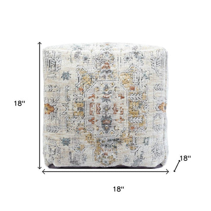 18" Ivory and Light Gray Upholstered Medallion Pouf Ottoman HomeRoots