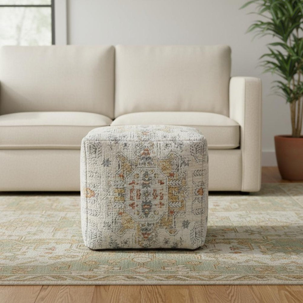 18" Ivory and Light Gray Upholstered Medallion Pouf Ottoman HomeRoots