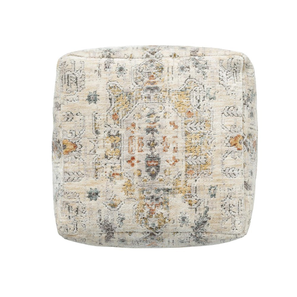 18" Ivory and Light Gray Upholstered Medallion Pouf Ottoman HomeRoots