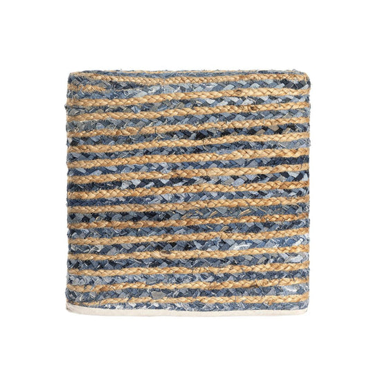 18" Beige and Blue Cotton And Jute Striped Pouf Ottoman HomeRoots