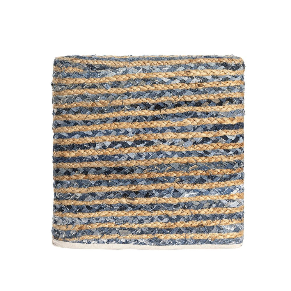 18" Beige and Blue Cotton And Jute Striped Pouf Ottoman HomeRoots