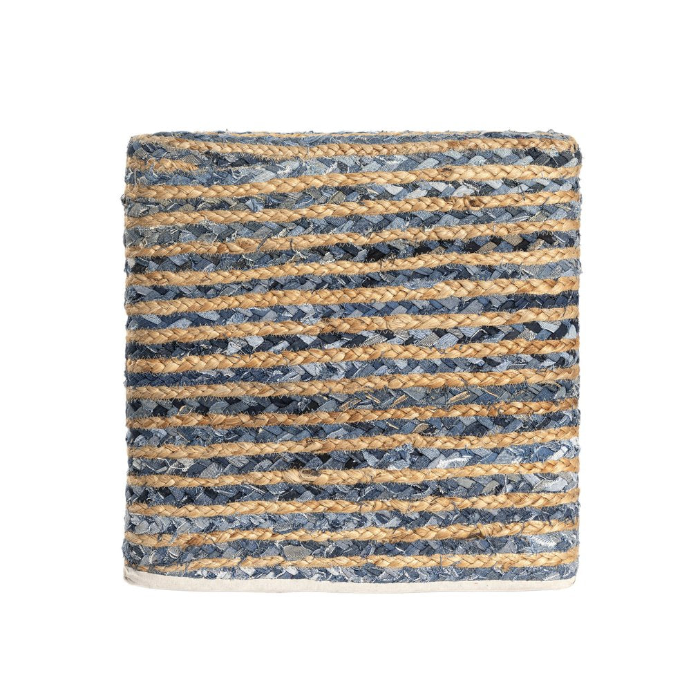 18" Beige and Blue Cotton And Jute Striped Pouf Ottoman HomeRoots