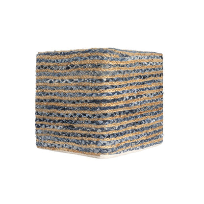 18" Beige and Blue Cotton And Jute Striped Pouf Ottoman HomeRoots