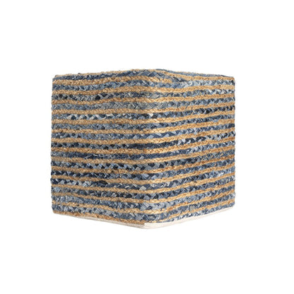 18" Beige and Blue Cotton And Jute Striped Pouf Ottoman HomeRoots