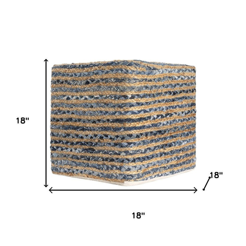 18" Beige and Blue Cotton And Jute Striped Pouf Ottoman HomeRoots