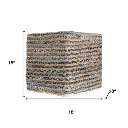 18" Beige and Blue Cotton And Jute Striped Pouf Ottoman HomeRoots