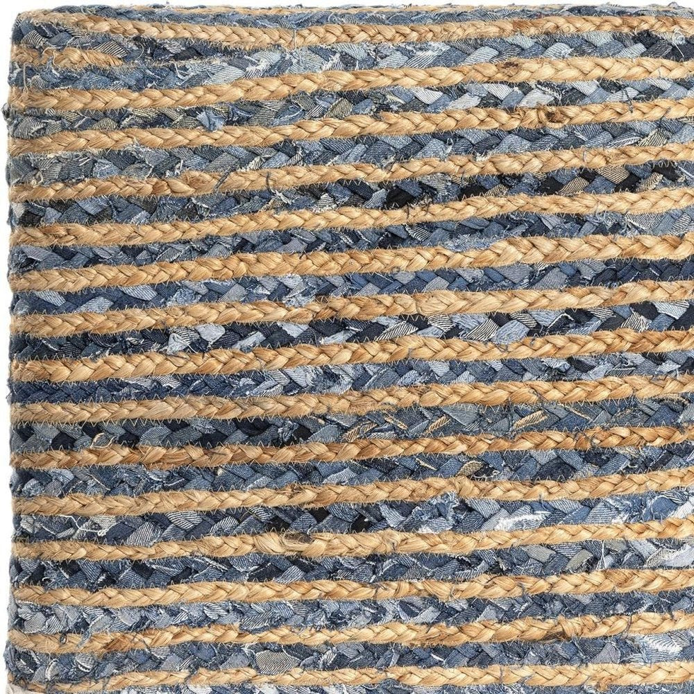18" Beige and Blue Cotton And Jute Striped Pouf Ottoman HomeRoots