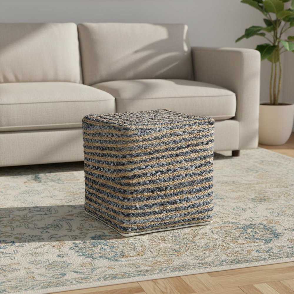 18" Beige and Blue Cotton And Jute Striped Pouf Ottoman HomeRoots