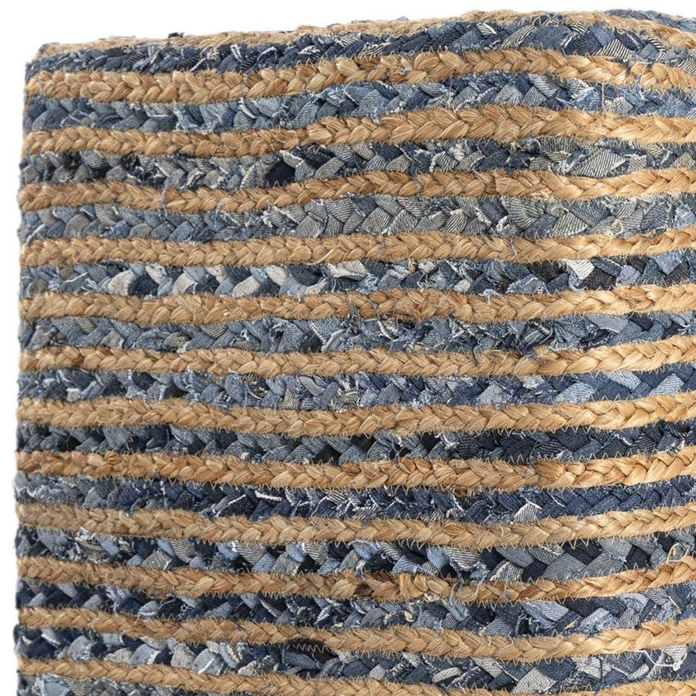 18" Beige and Blue Cotton And Jute Striped Pouf Ottoman HomeRoots
