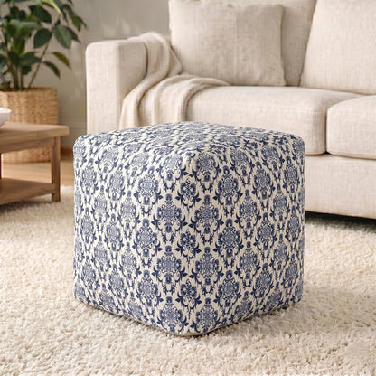 18" Blue and White Cotton Floral Pouf Ottoman HomeRoots