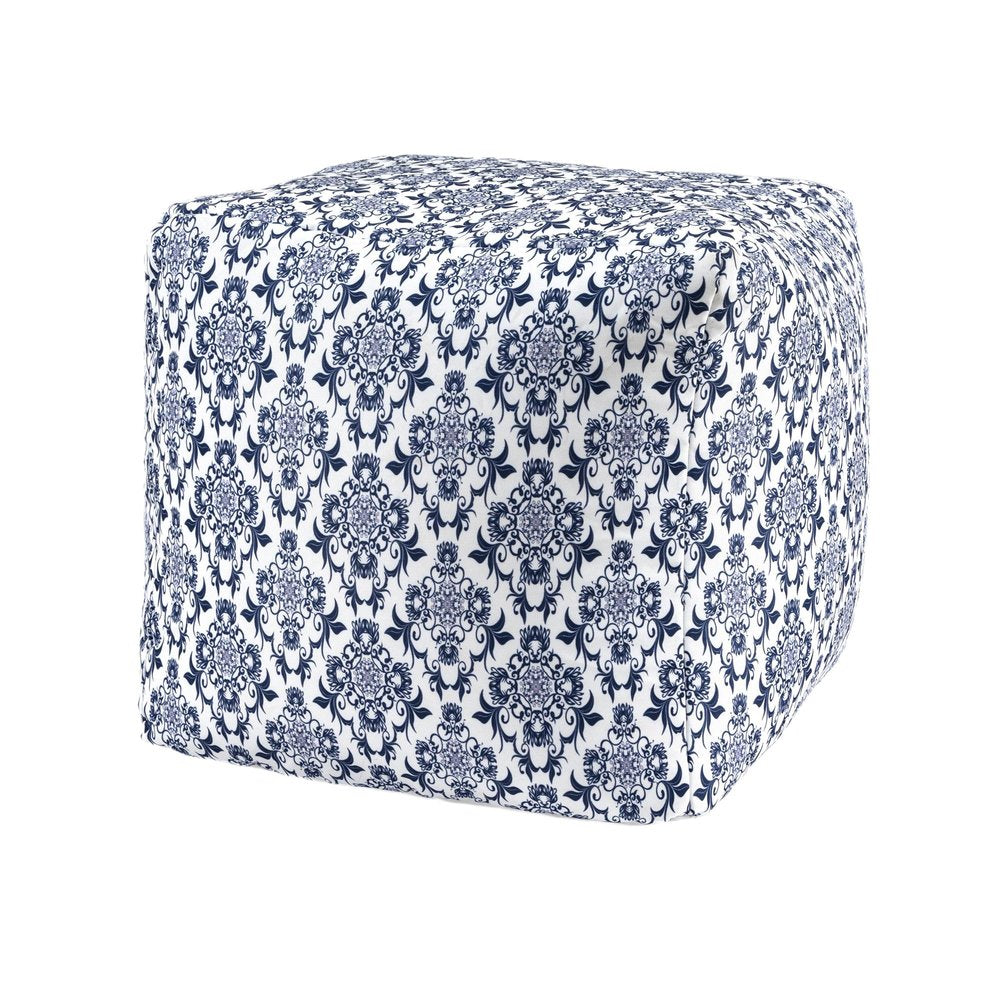 18" Blue and White Cotton Floral Pouf Ottoman HomeRoots
