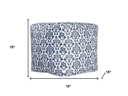 18" Blue and White Cotton Floral Pouf Ottoman HomeRoots