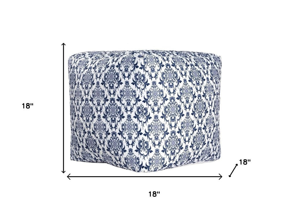 18" Blue and White Cotton Floral Pouf Ottoman HomeRoots
