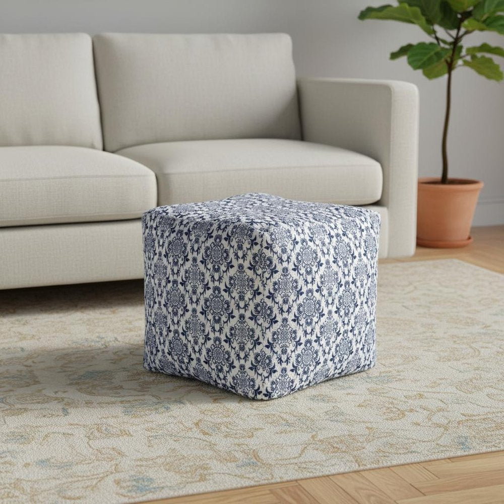 18" Blue and White Cotton Floral Pouf Ottoman HomeRoots