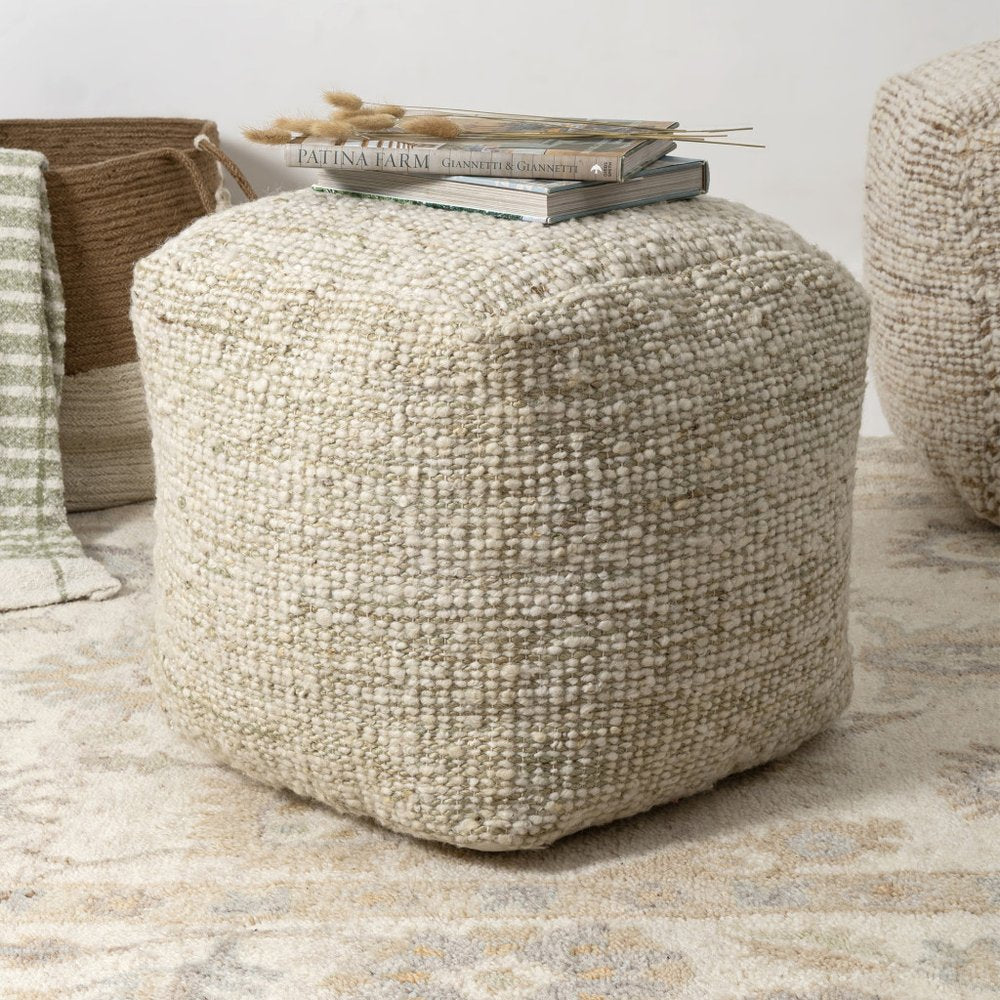 18" Ivory And Green Cotton Jute and Wool Striped Pouf Ottoman — view 2